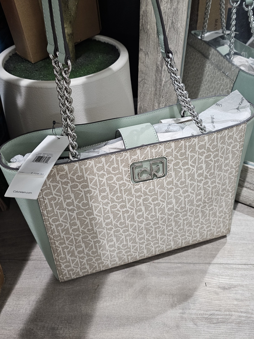 $228 Calvin Klein Beige Monogram Tote with Mint Green Trim and Silver Chain